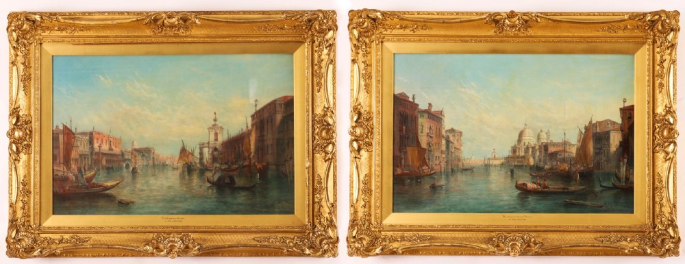 A pair of 19th-century oil paintings depicting the Grand Canal in Venice, framed in ornate gilded frames.