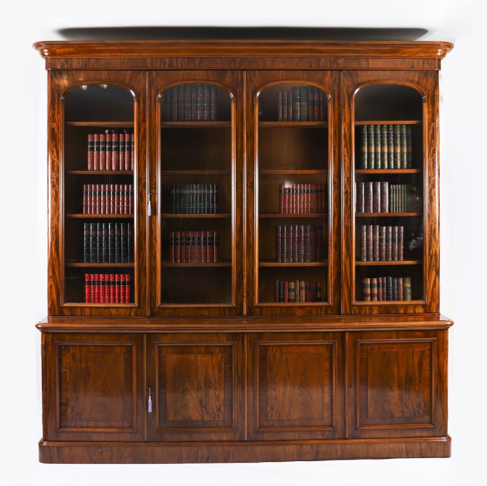 Antique Victorian Four-Door Flame Mahogany Library Bookcase 19th Century