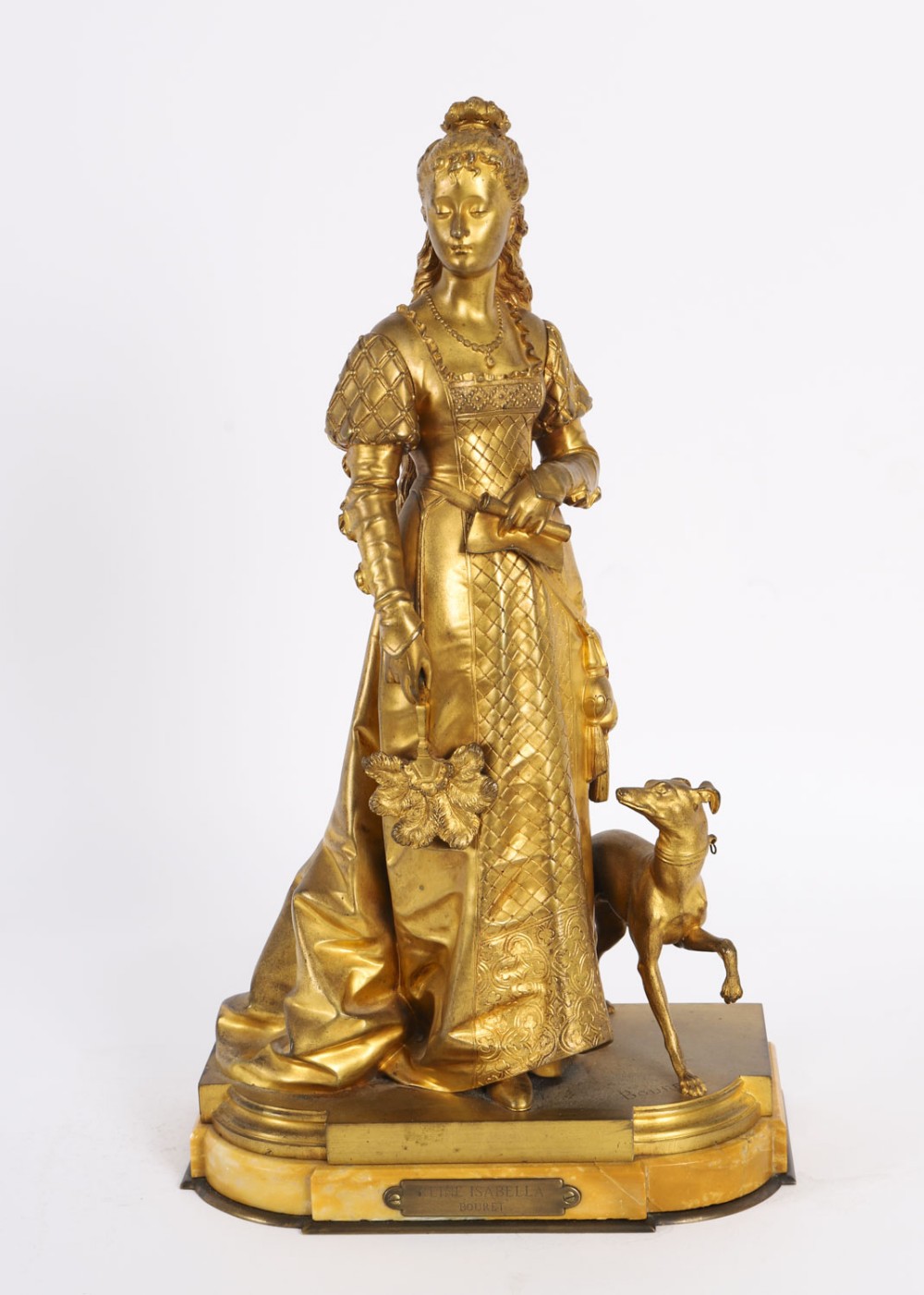 A nineteenth-century gilt bronze sculpture depicting a noblewoman in a patterned gown holding a fan, standing next to a hound on a marble base.