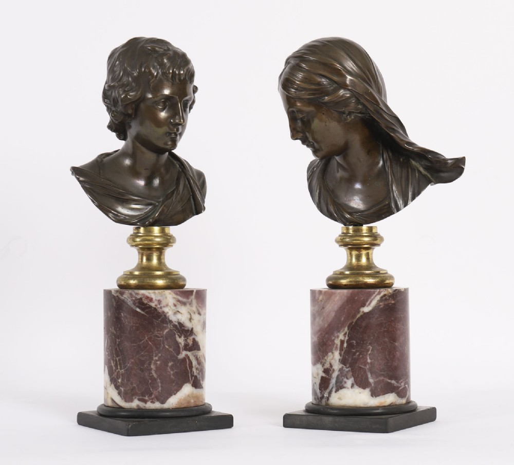 Antique Pair Italian Bronze Busts of Dionysus and Ariadne 19th Century