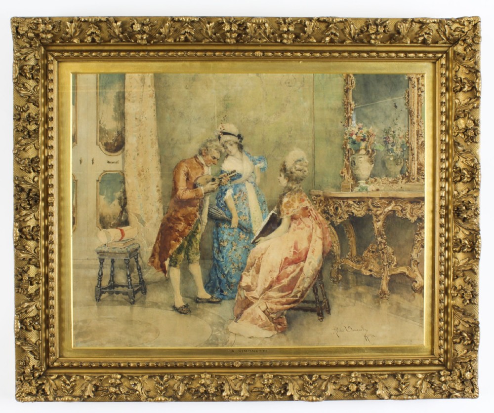 Antique Water Colour Attlio Simonetti'The Music Recital' 19th Century