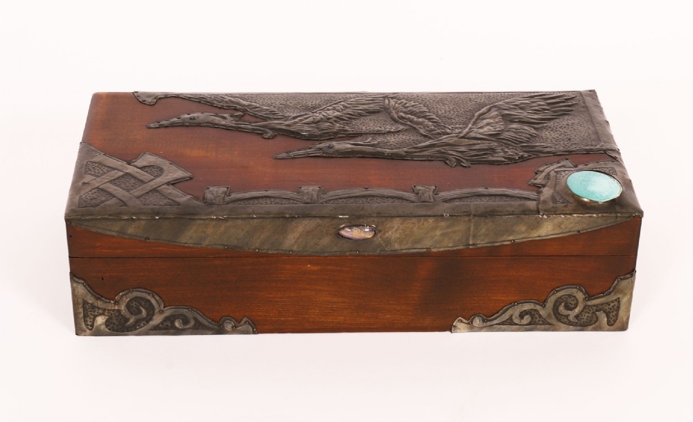 Antique Art & Crafts Cedar Wood Pewter Box / Casket 19th Century
