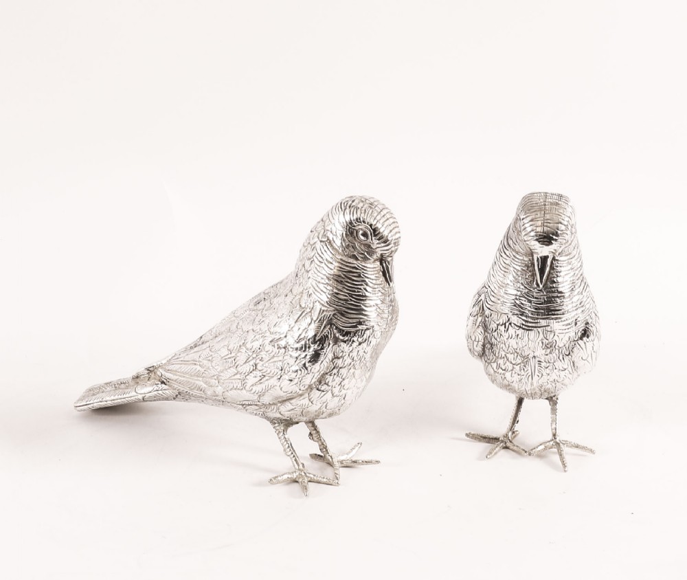 Antique Pair of Silver Plate Bronze Table Doves Circa1900