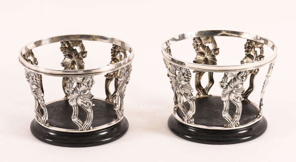 Antique Pair Silver Plated Wine Bottle Coasters Circa 1900