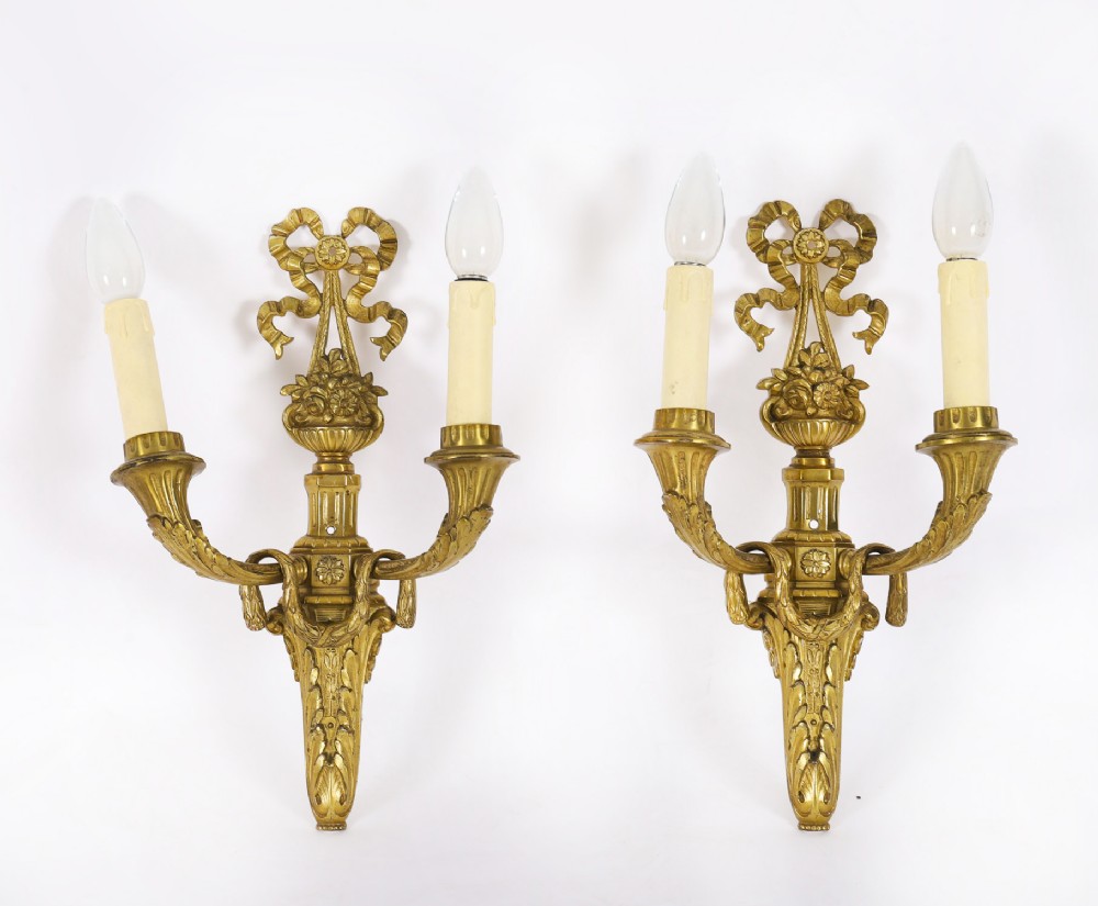 Antique Pair of French Louis Revival 2 Branch Ormolu Wall Lights C1860