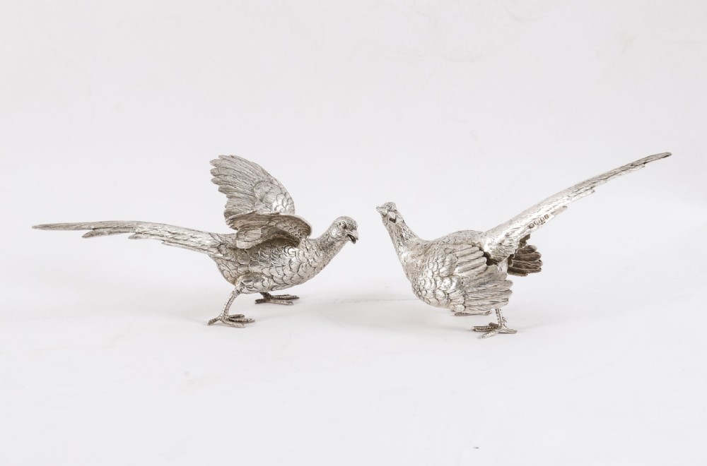 Antique Pair Sterling Silver Pheasants Edward Barnard & Sons London 1893 19th C