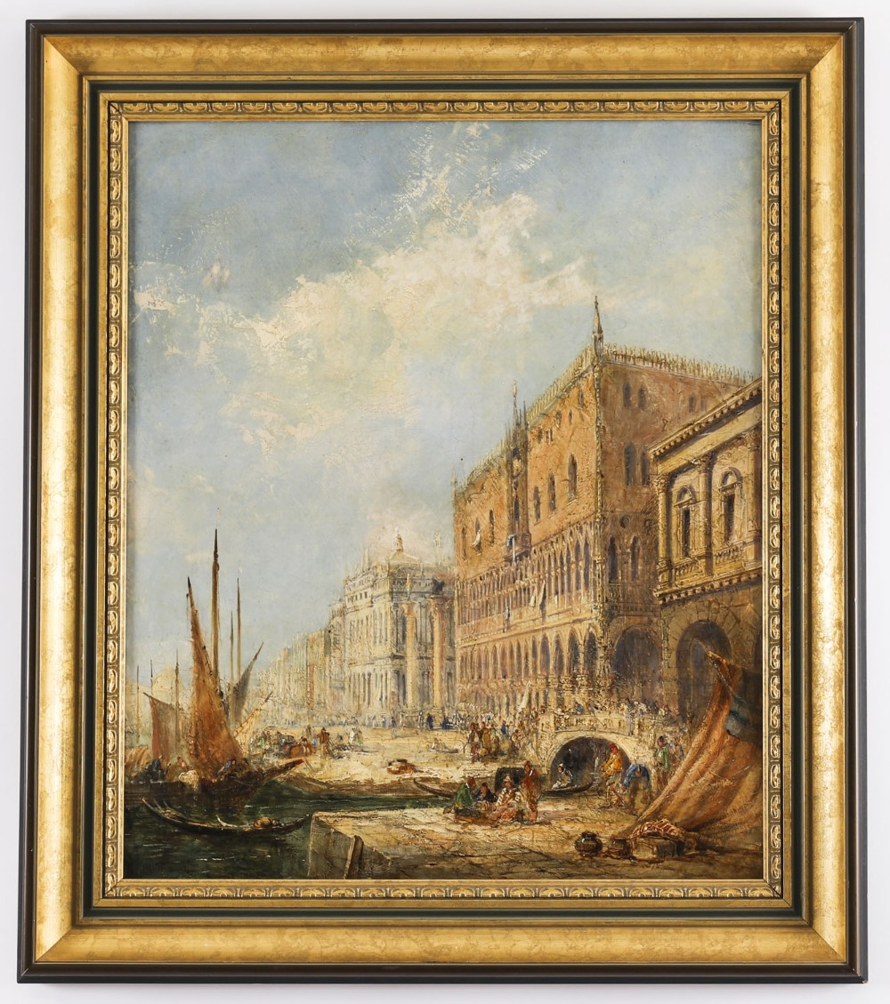 A 19th-century oil painting depicting the Doges Palace in Venice with boats along the water, framed in a gilt and dark timber border.