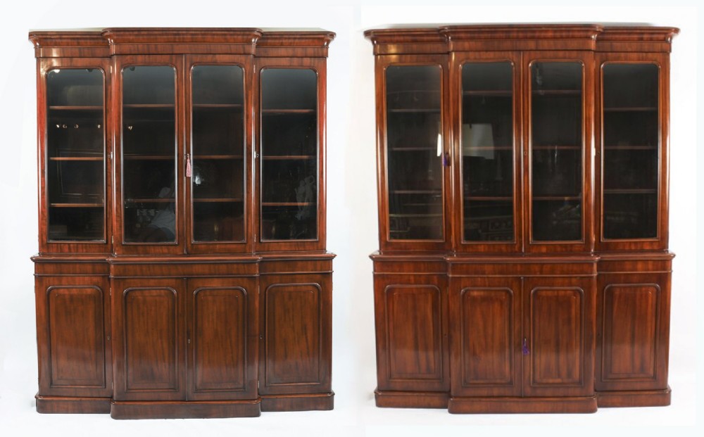 Antique Pair English Flame Mahogany Library Breakfront Bookcases 19th C
