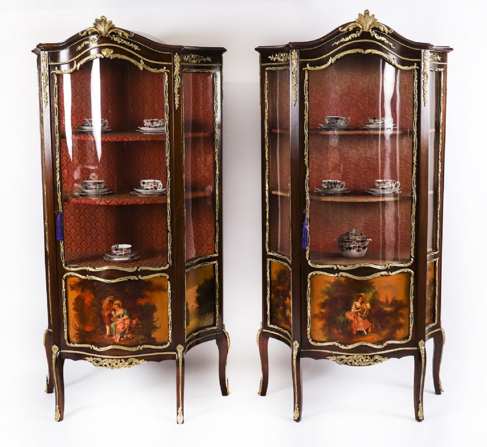 Antique Pair French Vernis Martin Vitrine Display Cabinets 19th C