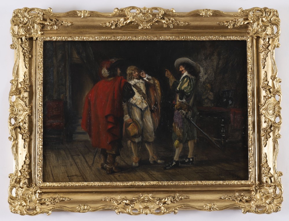 Antique Oil Painting Three Cavaliers by Frank Moss Bennett Dated 1929 20th C