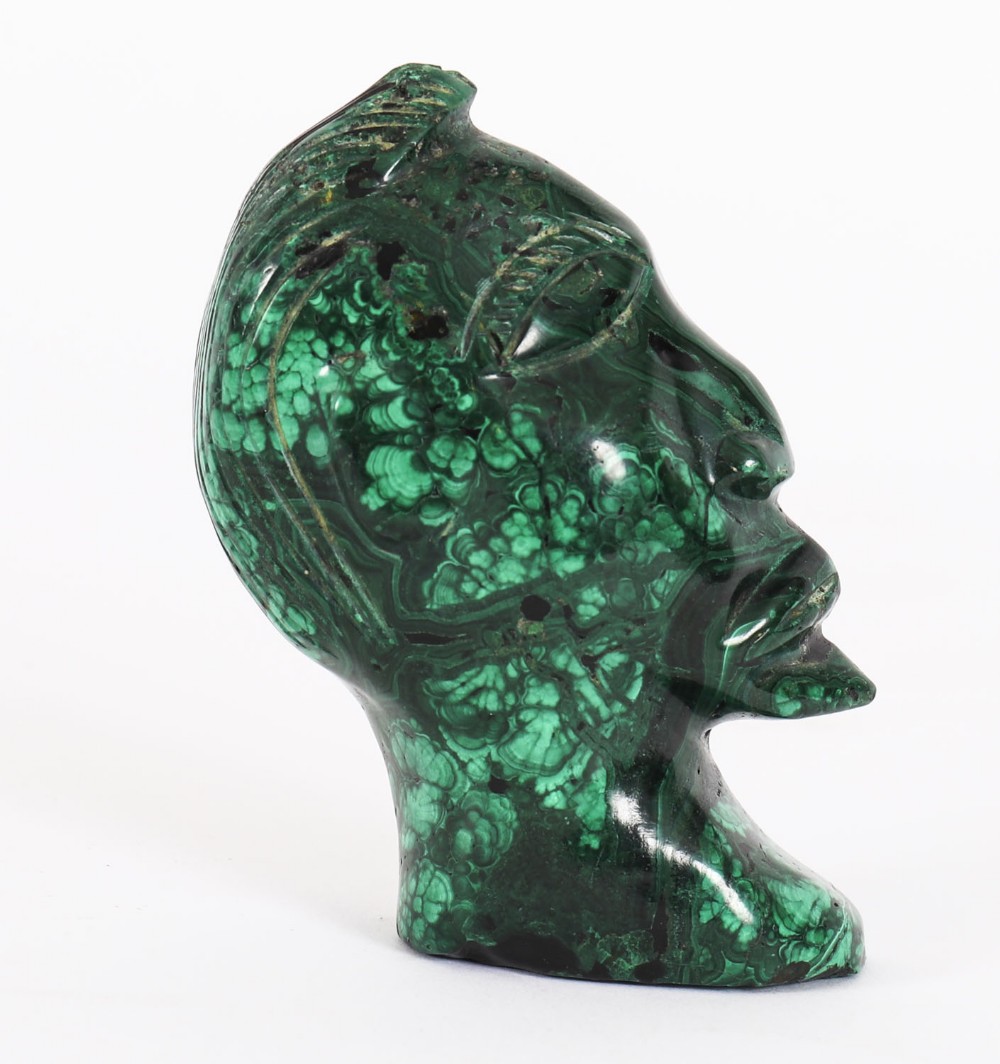 Antique Malachite Relief Sculpture of a Tribal Bust 20th Century