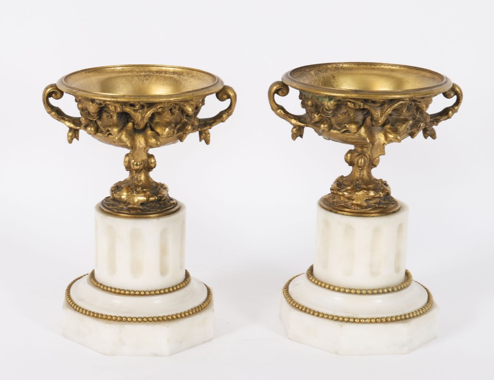 Antique Pair French Grand Tour Gilt Bronze Classical Urns 19th C
