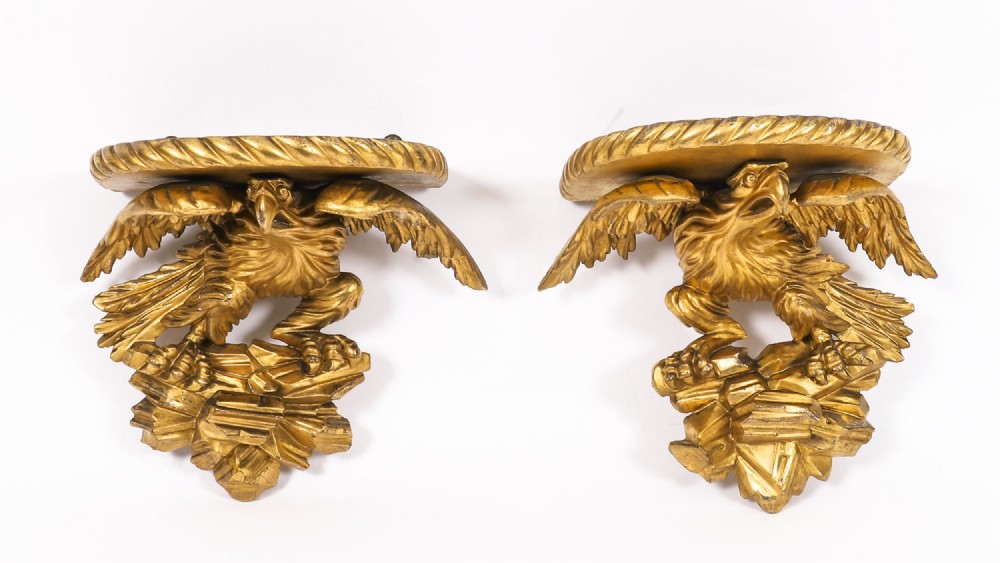 Antique Pair Regency Giltwood Eagle Wall Brackets 19th Century