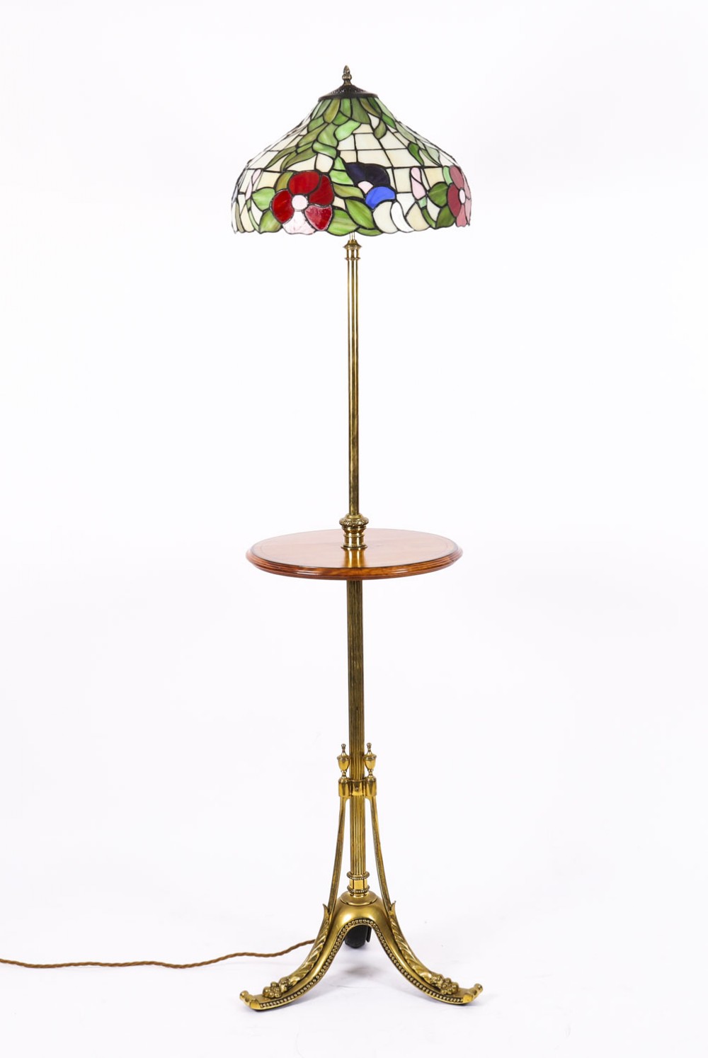Antique Tiffany Revival Glass Ormolu & Satin wood Standard Lamp Early 20th Century