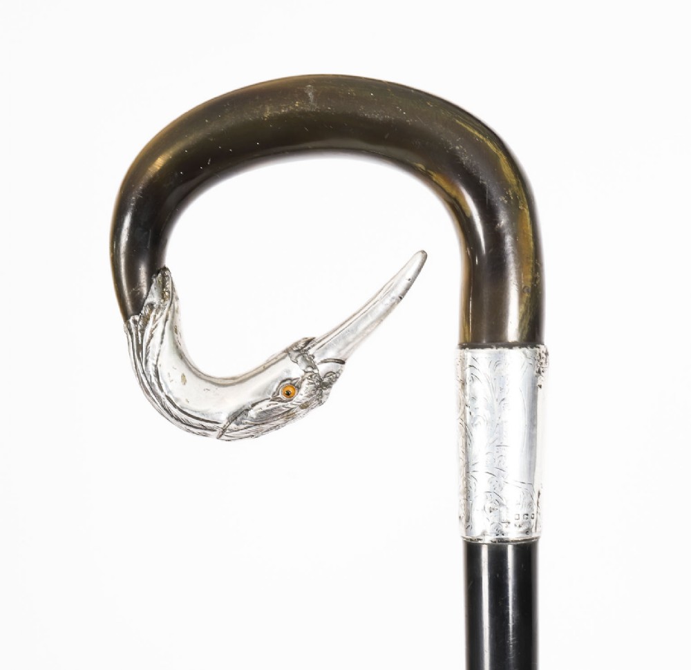 Antique Walking Stick Cane Sterling Silver Heron Head Dated 1900 89cm/35 inch