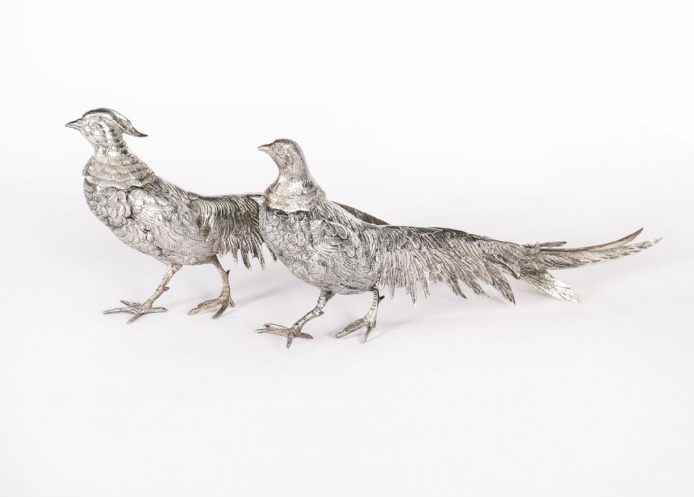 Antique Pair German 800 Silver Pheasants 19th Century