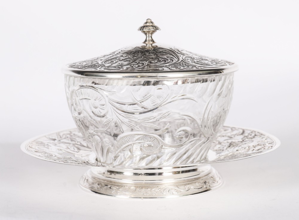 Antique French Silver Engraved & Cut Crystal Butter Dish 19th C