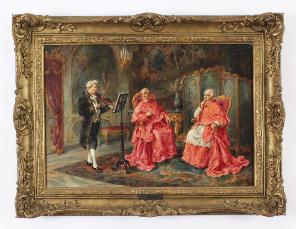 Antique Italian Oil Painting Violin Recital Ettore Ascenzi 19th C