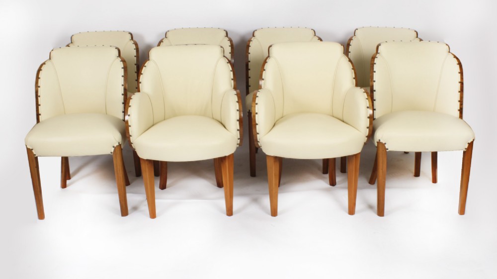 Antique Set 8 Art Deco Burr Walnut Cream Leather Cloud Back Chairs C1930