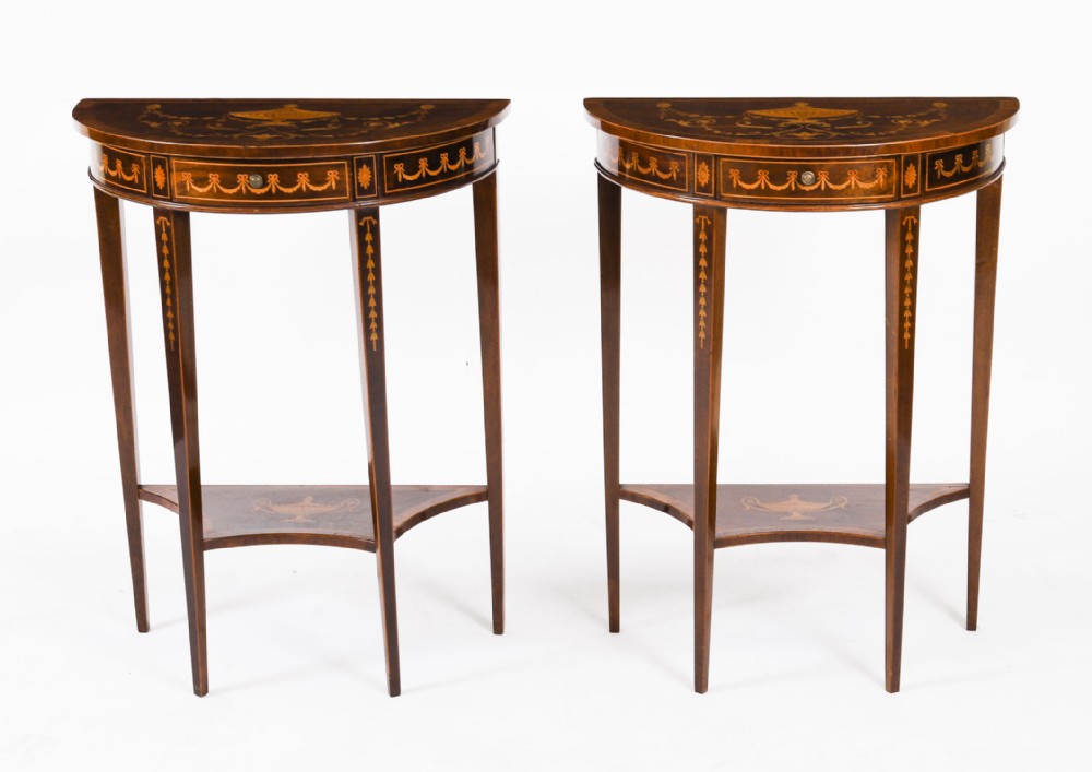 Antique Pair Marquetry Demi Lune Console Tables By Edwards & Roberts 19th C