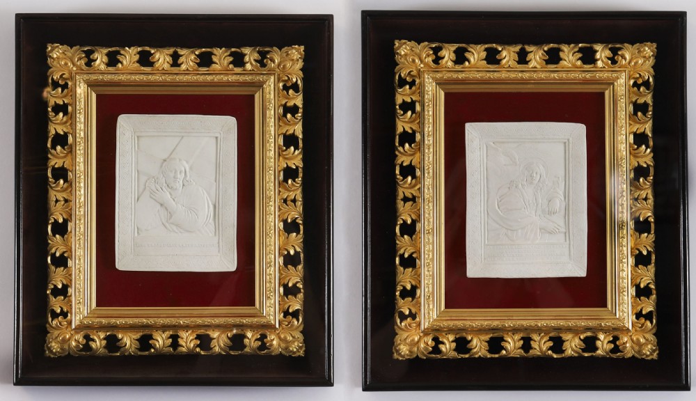 Antique Pair Intaglios Christ & Archangel Gabriel Florentine Frames 19thC