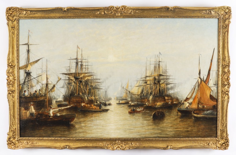 Antique Oil Painting Harboured Naval Flotilla Att Francis Moltino 19thC 92x143cm