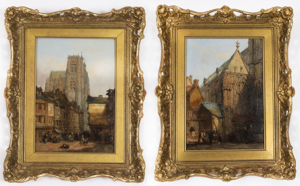 A pair of 19th-century architectural oil paintings depicting European cathedral street scenes framed in heavy ornate gilded frames.