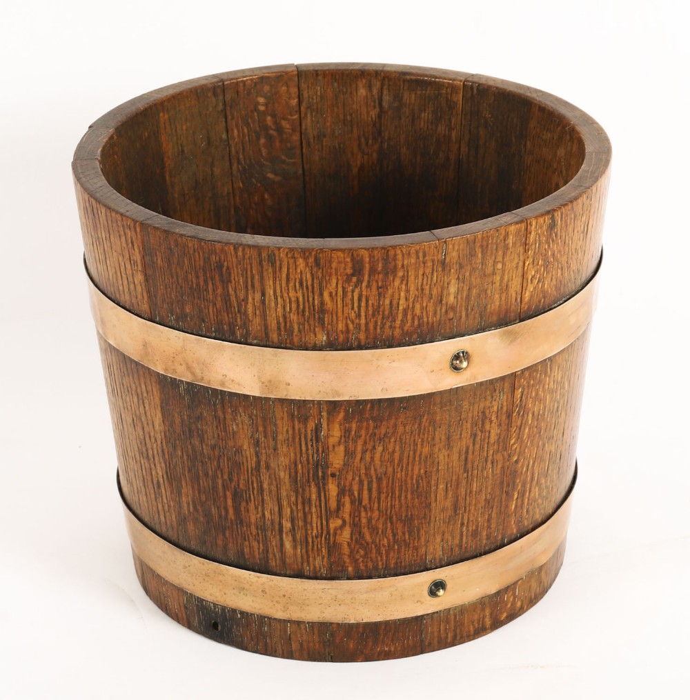 Antique Copper Banded Oak Jardiniere 19th Century