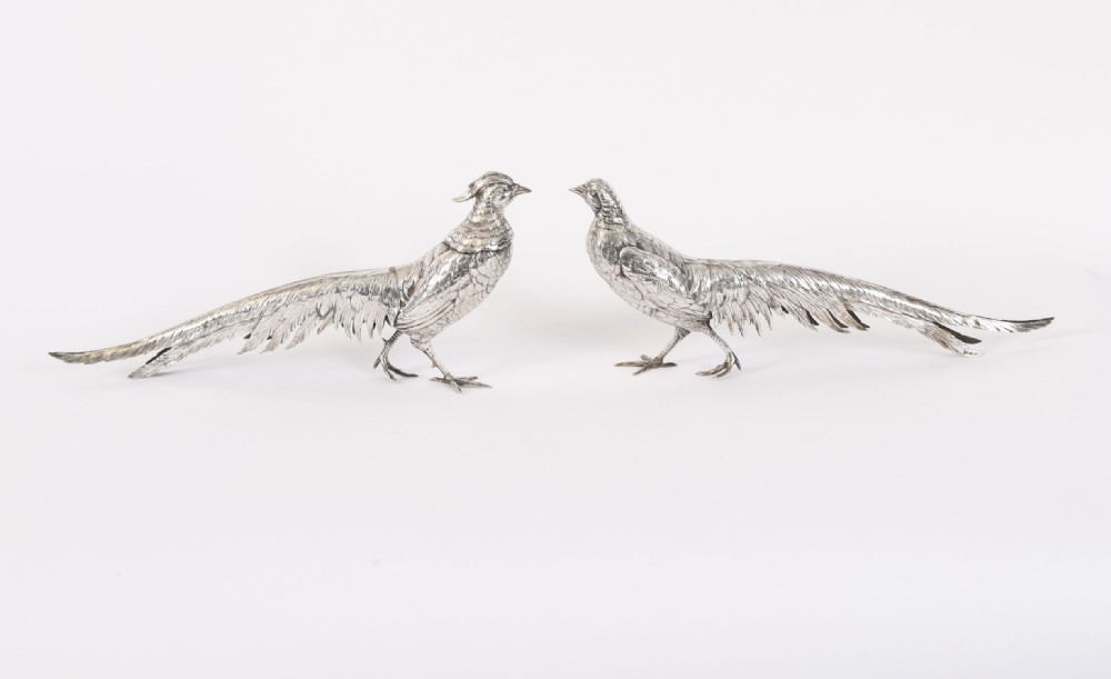 Antique Pair German 830 Silver Pheasants 19th Century