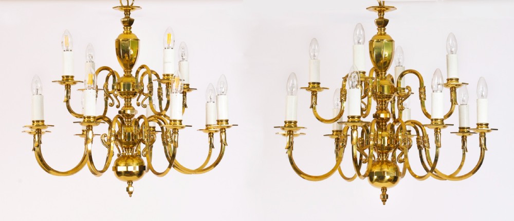 Antique Pair Dutch Renaissance Brass Two-tier Chandeliers Circa 1920
