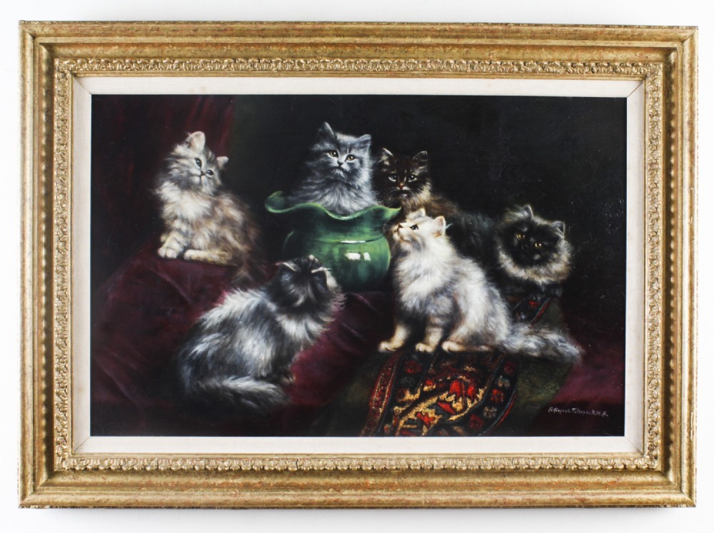 A 19th-century framed oil painting depicting six long-haired Persian kittens around a green ceramic vessel set on dark velvet.