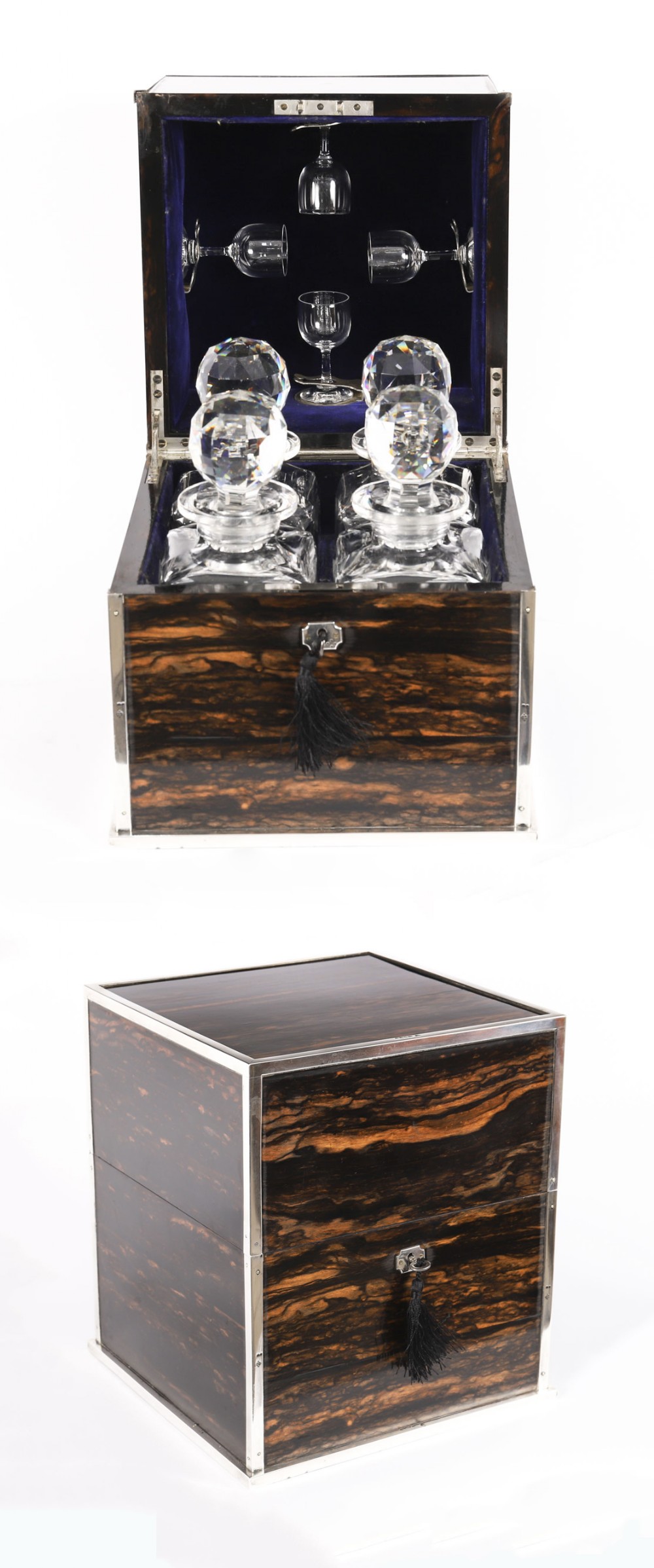 Antique Coromandel Silver Mounted Decanter Box Tantalus P & F Schafer 1878