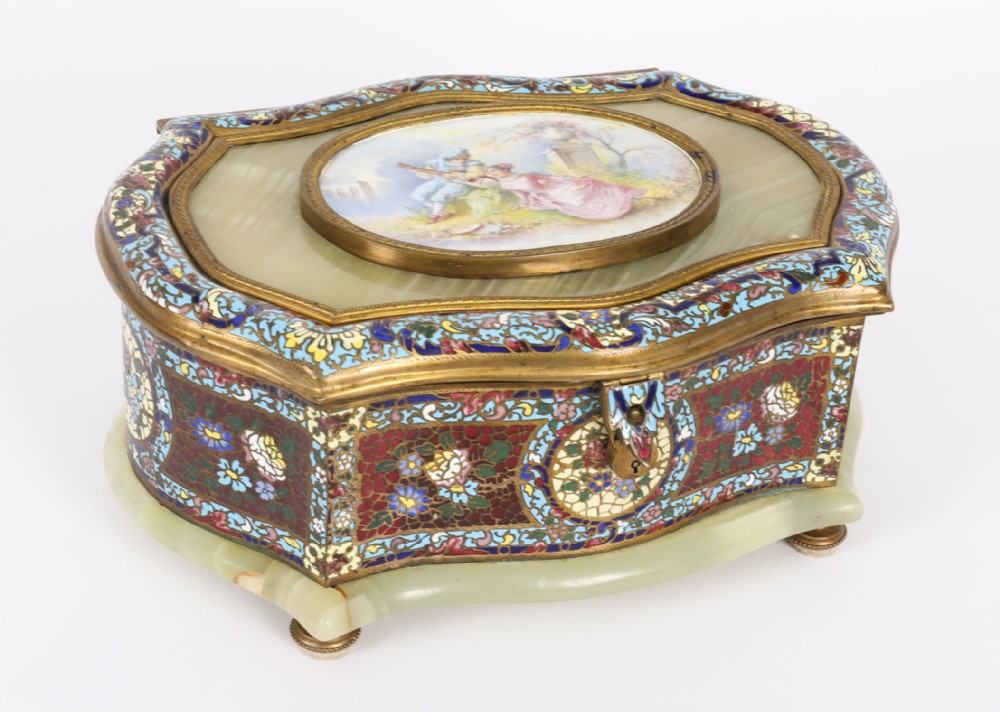 Antique French Porcelain-Mounted Champlevé and Onyx Casket, 19th C