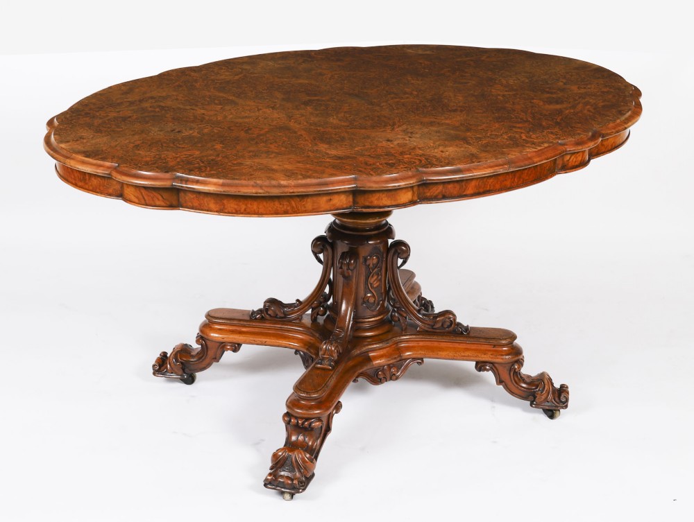 Antique Burr Walnut Oval Tilt Top Loo Dining Table Circa 1860 19th Century