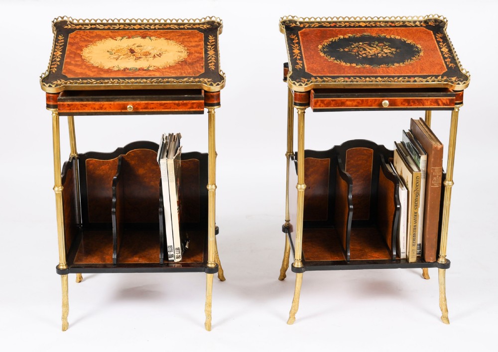 A pair of 19th-century French occasional side tables featuring marquetry tops with brass gallery rails, lower partitioned racks, and gilt metal legs. View IV