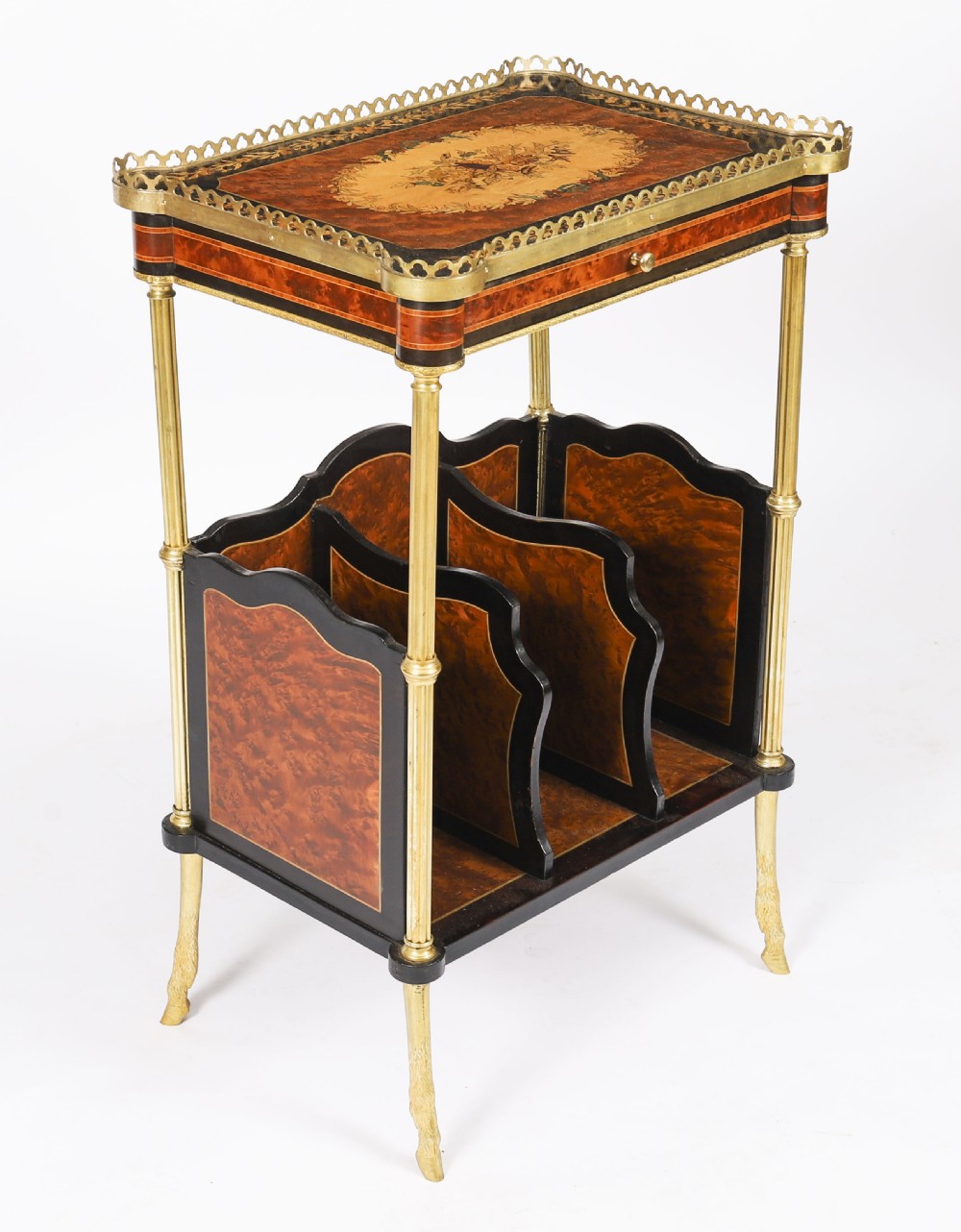 A pair of 19th-century French occasional side tables featuring marquetry tops with brass gallery rails, lower partitioned racks, and gilt metal legs. View VIII