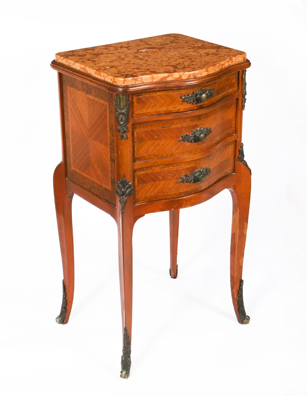 A pair of 19th-century French Louis XV style parquetry bedside cabinets featuring marble tops, three drawers, and cabriole legs with bronze mounts. View VII