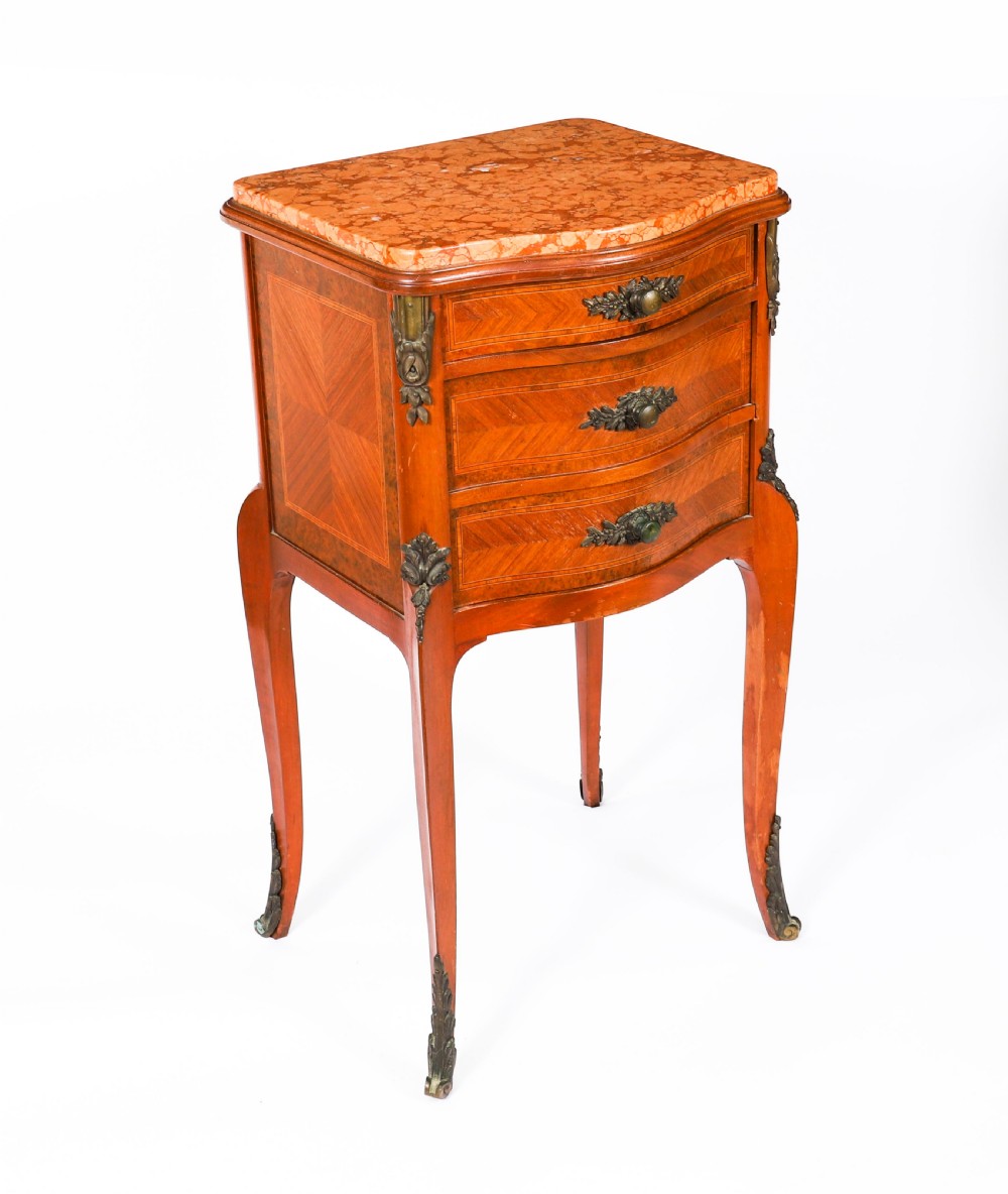 A pair of 19th-century French Louis XV style parquetry bedside cabinets featuring marble tops, three drawers, and cabriole legs with bronze mounts. View XIII