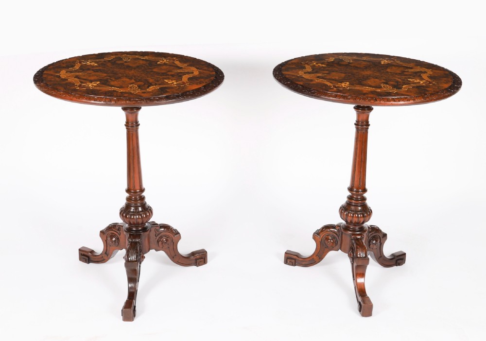 Antique Pair Victorian Burr Wanut & Marquetry Occasional Tables 19th C