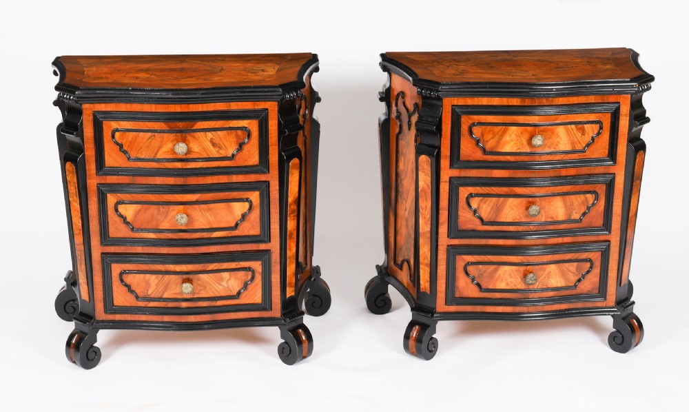 A pair of 18th-century Italian burr walnut serpentine bedside chests featuring ebonised mouldings, three drawers, and scroll feet. View II