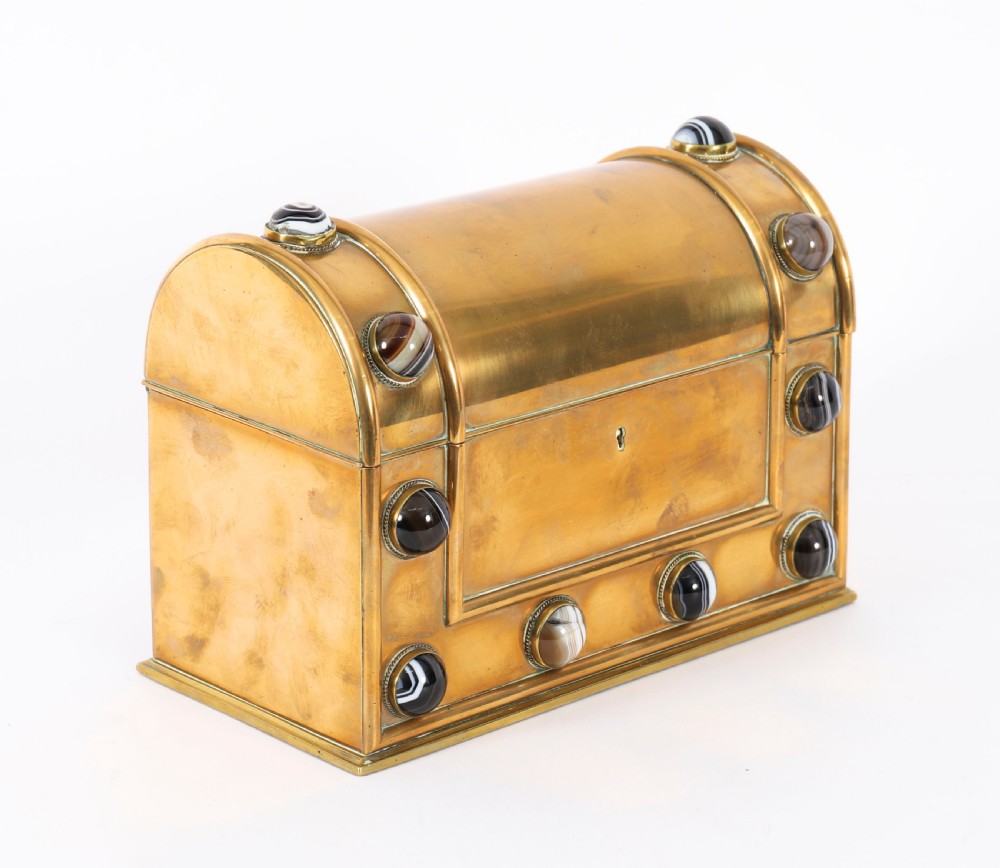 An antique mid-19th century English brass desk set featuring a domed casket and matching tray, both set with polished agate cabochons. View II