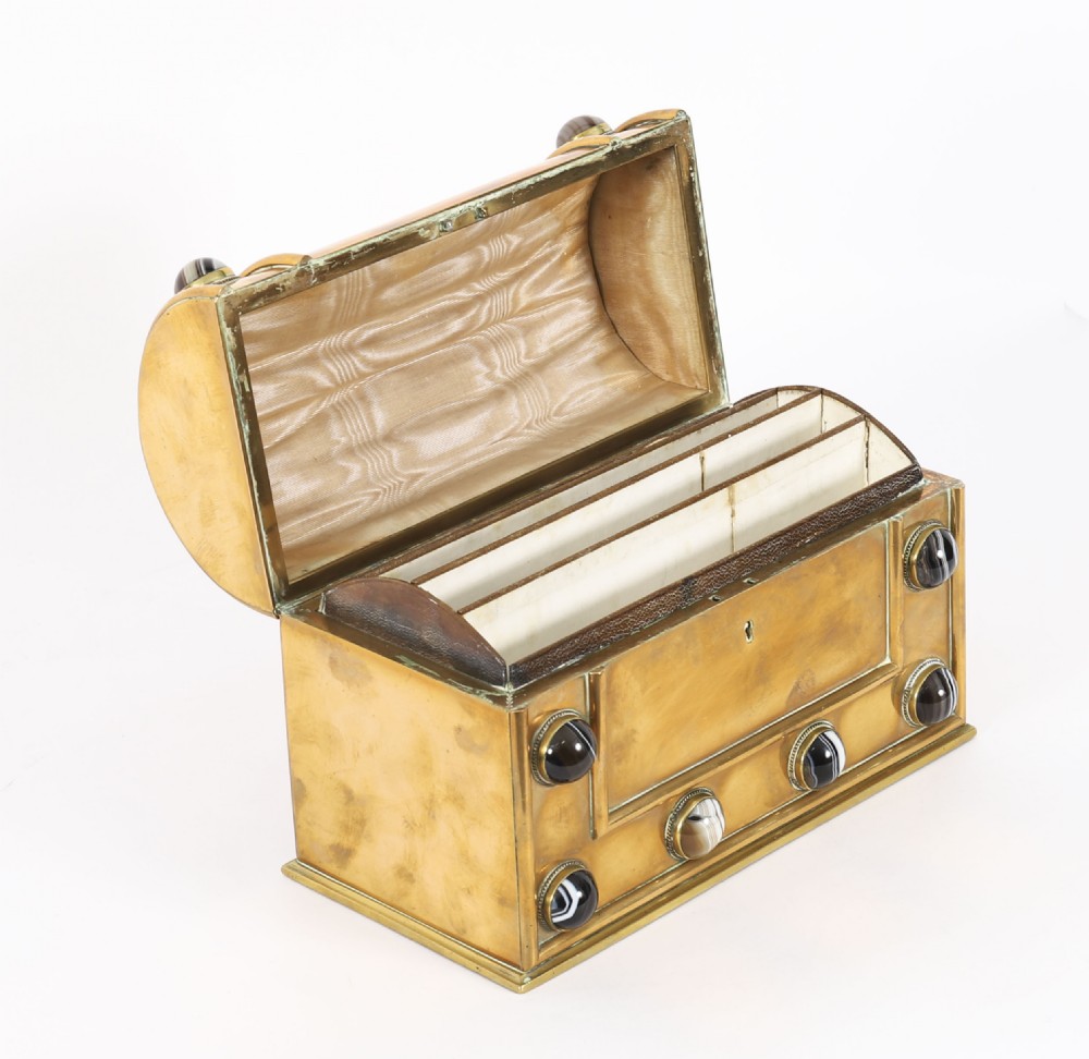 An antique mid-19th century English brass desk set featuring a domed casket and matching tray, both set with polished agate cabochons. View III