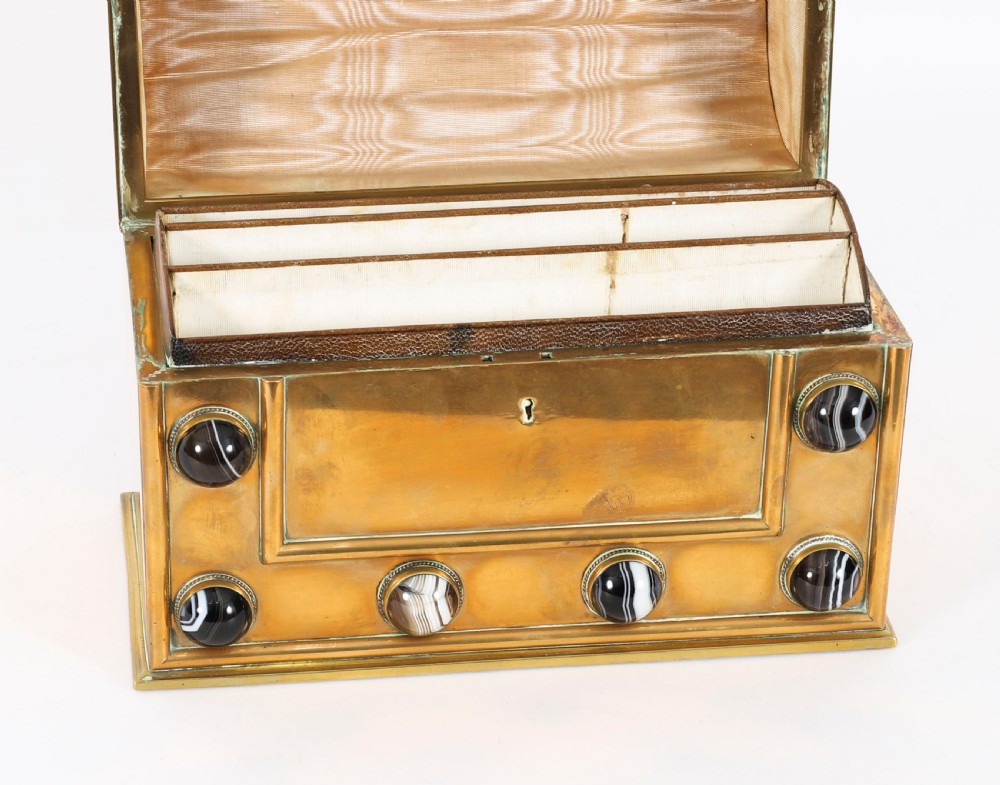 An antique mid-19th century English brass desk set featuring a domed casket and matching tray, both set with polished agate cabochons. View IV