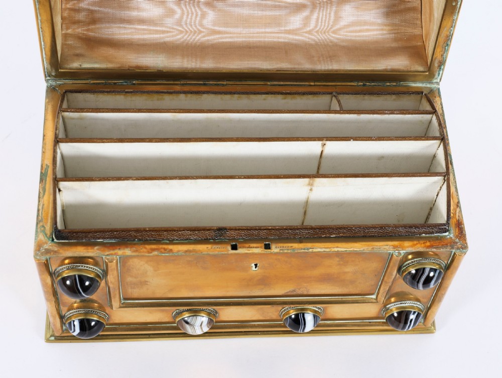 An antique mid-19th century English brass desk set featuring a domed casket and matching tray, both set with polished agate cabochons. View V