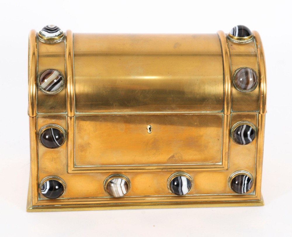 An antique mid-19th century English brass desk set featuring a domed casket and matching tray, both set with polished agate cabochons. View VI