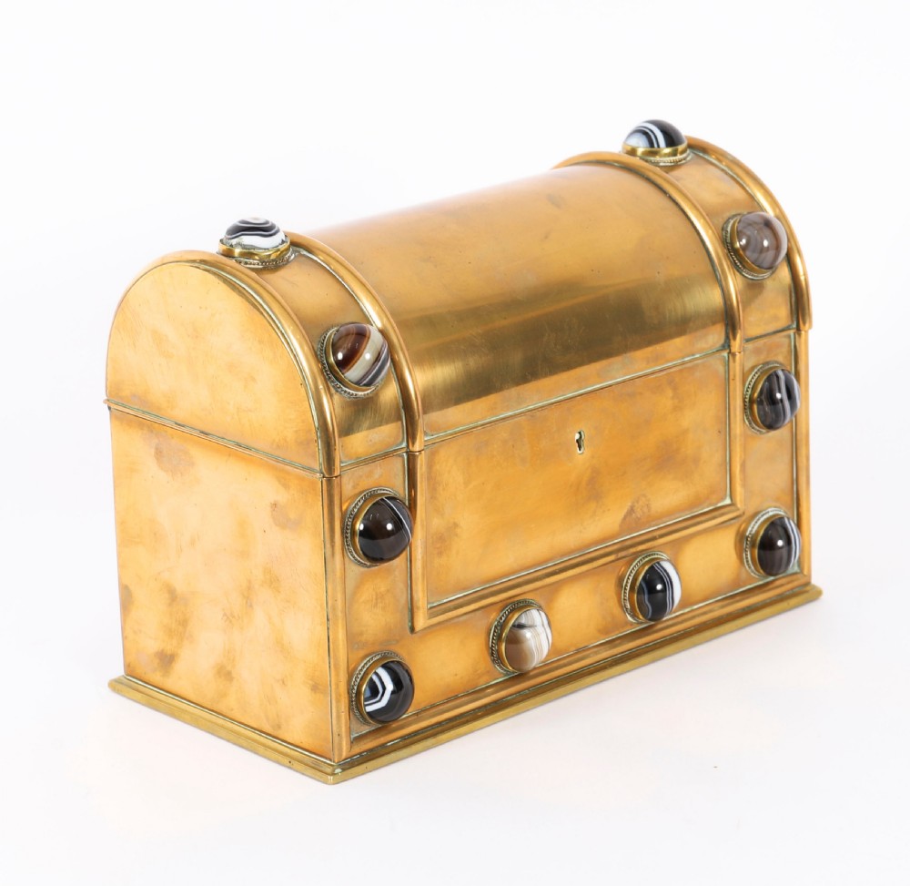 An antique mid-19th century English brass desk set featuring a domed casket and matching tray, both set with polished agate cabochons. View VII