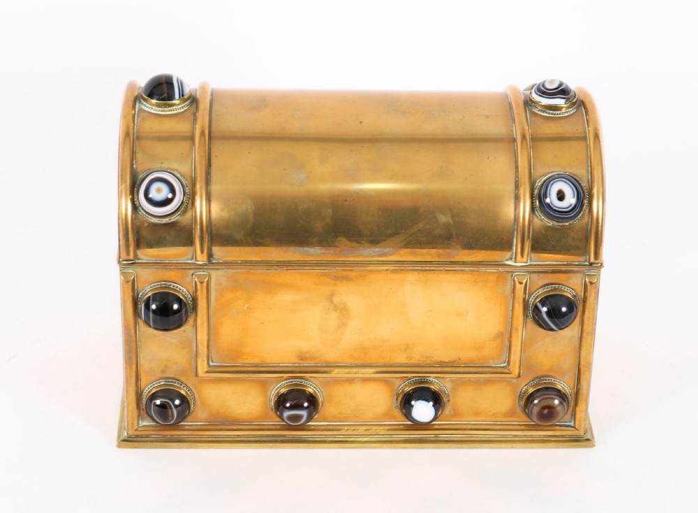 An antique mid-19th century English brass desk set featuring a domed casket and matching tray, both set with polished agate cabochons. View VIII