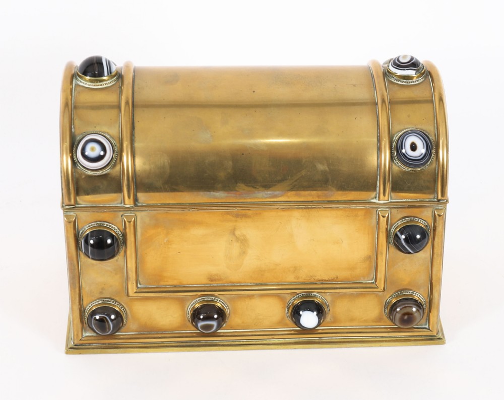An antique mid-19th century English brass desk set featuring a domed casket and matching tray, both set with polished agate cabochons. View XII
