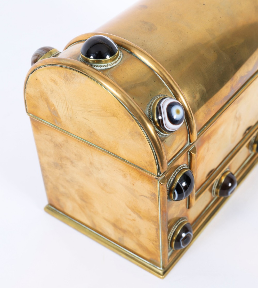 An antique mid-19th century English brass desk set featuring a domed casket and matching tray, both set with polished agate cabochons. View XIII