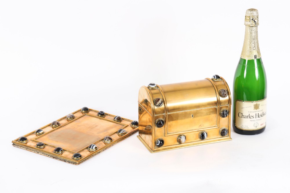 An antique mid-19th century English brass desk set featuring a domed casket and matching tray, both set with polished agate cabochons. View XVII